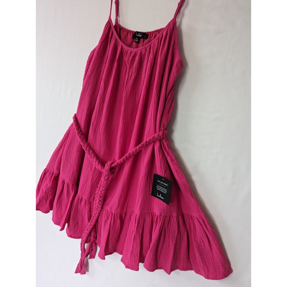Lulus Cinched It‎ Magenta Ruffled Belted Shift Mini Dress Size Medium Pink New - Picture 3 of 9
